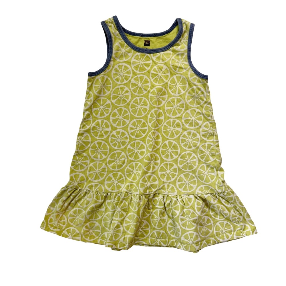 Tea Collection Dress 4 Green Citrus Lime Print Sleeveless Ruffle Hem Cotton